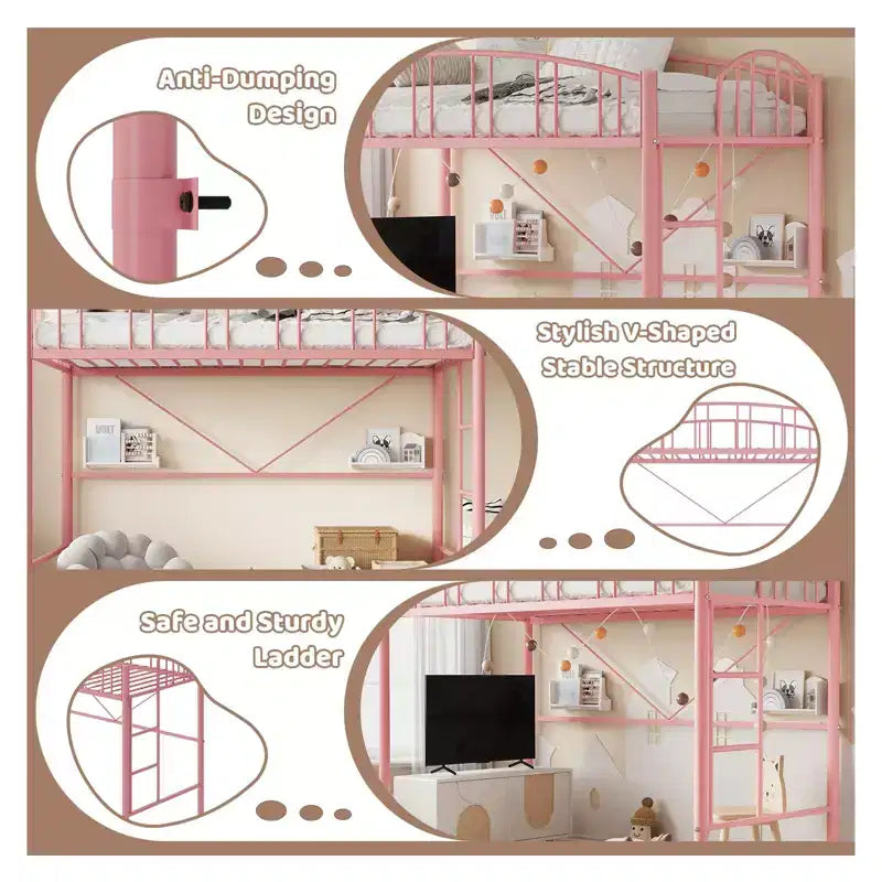 Struttura per letto a soppalco in metallo, misura singola, rosa, 158 kg, ringhiera ad arco, staffe antiribaltamento, salvaspazio