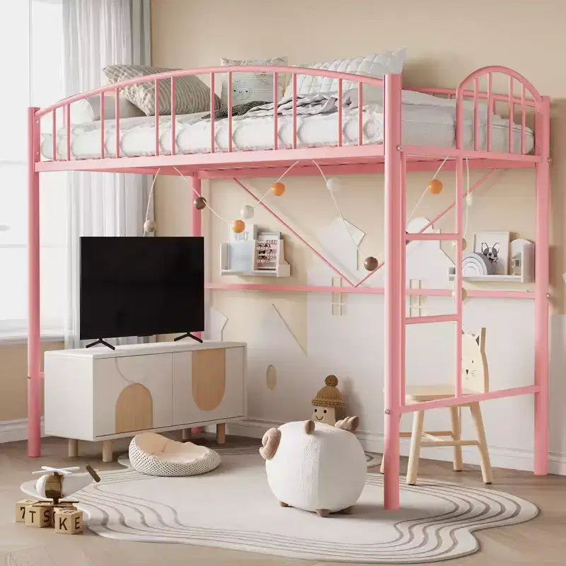 Struttura per letto a soppalco in metallo, misura singola, rosa, 158 kg, ringhiera ad arco, staffe antiribaltamento, salvaspazio