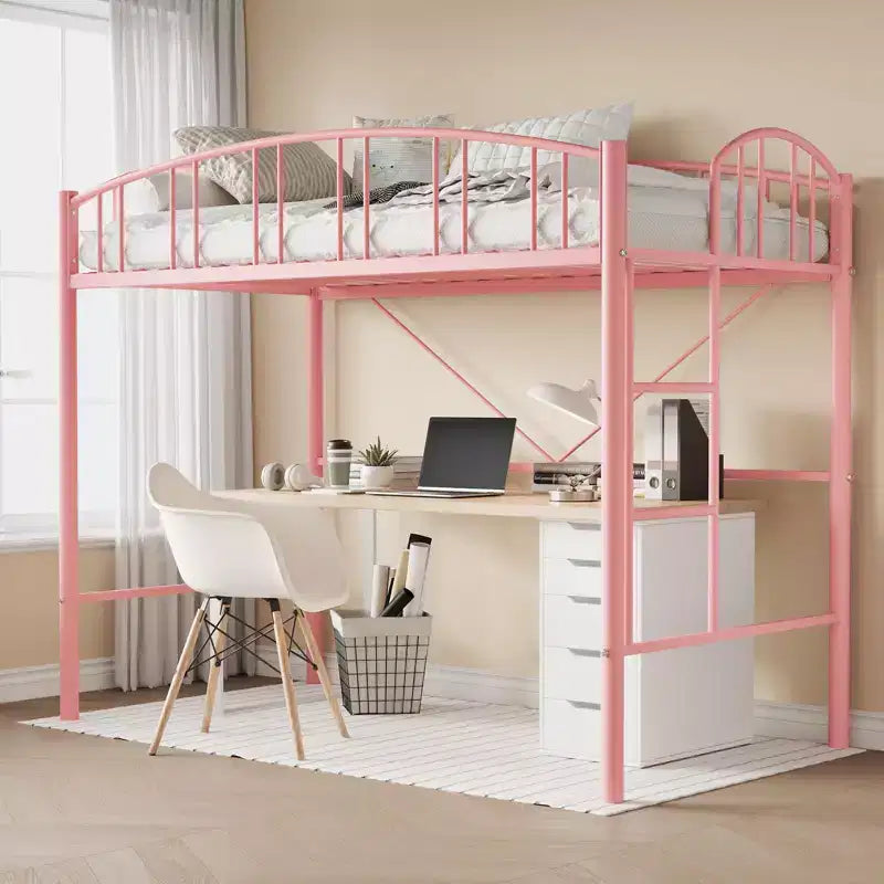 Struttura per letto a soppalco in metallo, misura singola, rosa, 158 kg, ringhiera ad arco, staffe antiribaltamento, salvaspazio