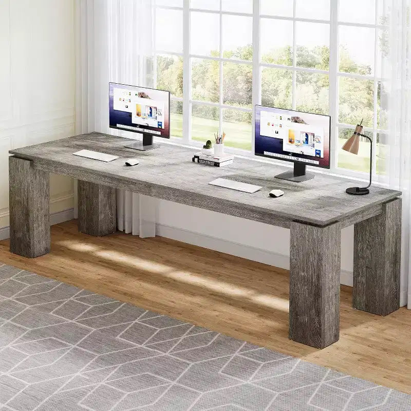 Scrivania per computer biposto da 86", postazione di lavoro doppia moderna, finitura legno grigio, MDF, ufficio domestico