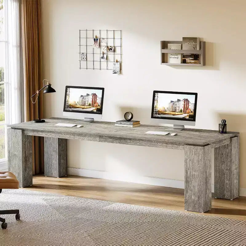 Scrivania per computer biposto da 86", postazione di lavoro doppia moderna, finitura legno grigio, MDF, ufficio domestico
