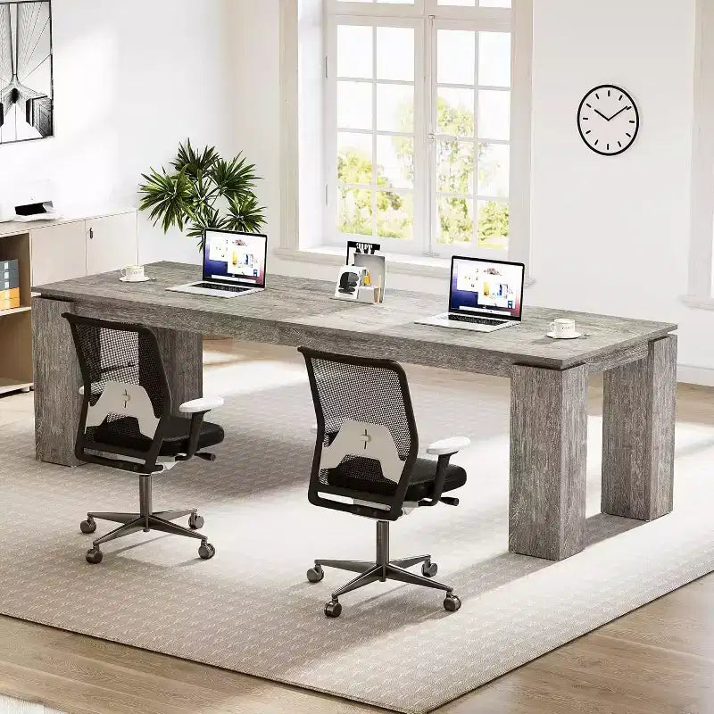 Scrivania per computer biposto da 86", postazione di lavoro doppia moderna, finitura legno grigio, MDF, ufficio domestico