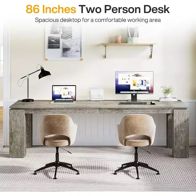 Scrivania per computer biposto da 86", postazione di lavoro doppia moderna, finitura legno grigio, MDF, ufficio domestico
