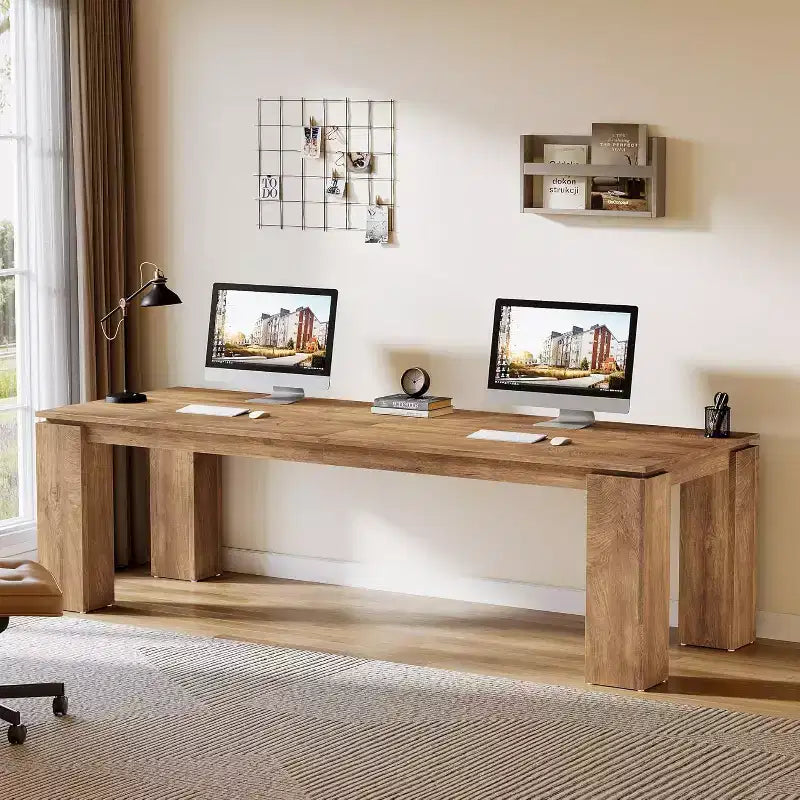 Scrivania per computer biposto da 86", postazione di lavoro doppia moderna, finitura legno grigio, MDF, ufficio domestico