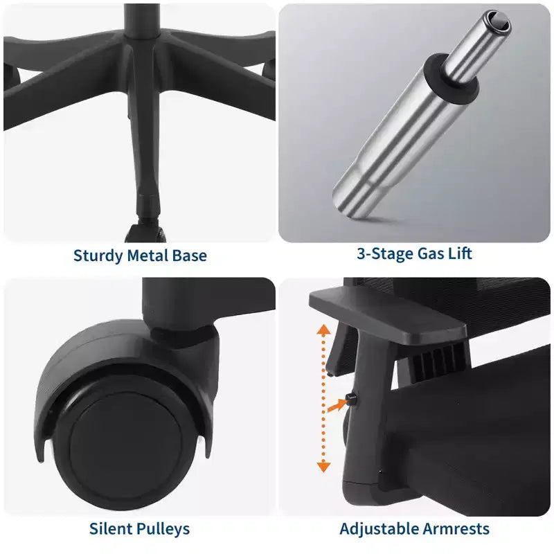 Sedia da ufficio ergonomica in rete nera con supporto per il collo, traspirante, regolabile, base con ruote