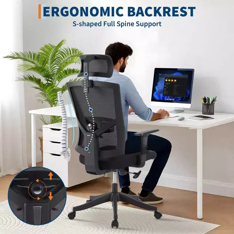 Sedia da ufficio ergonomica in rete nera con supporto per il collo, traspirante, regolabile, base con ruote