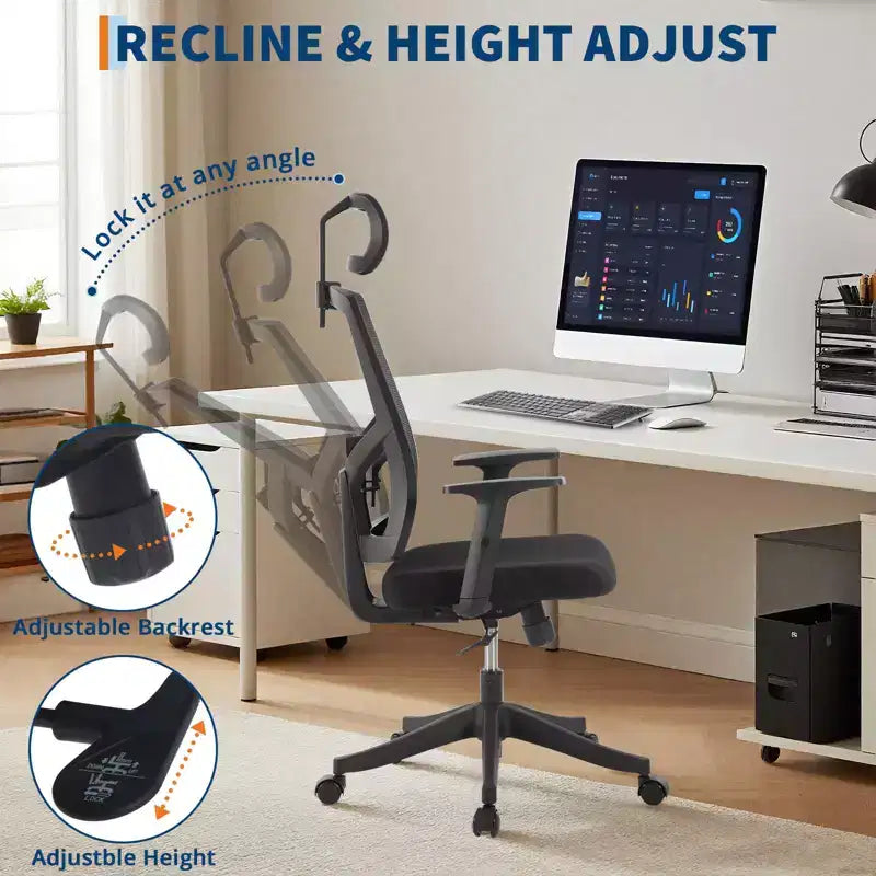 Sedia da ufficio ergonomica in rete nera con supporto per il collo, traspirante, regolabile, base con ruote
