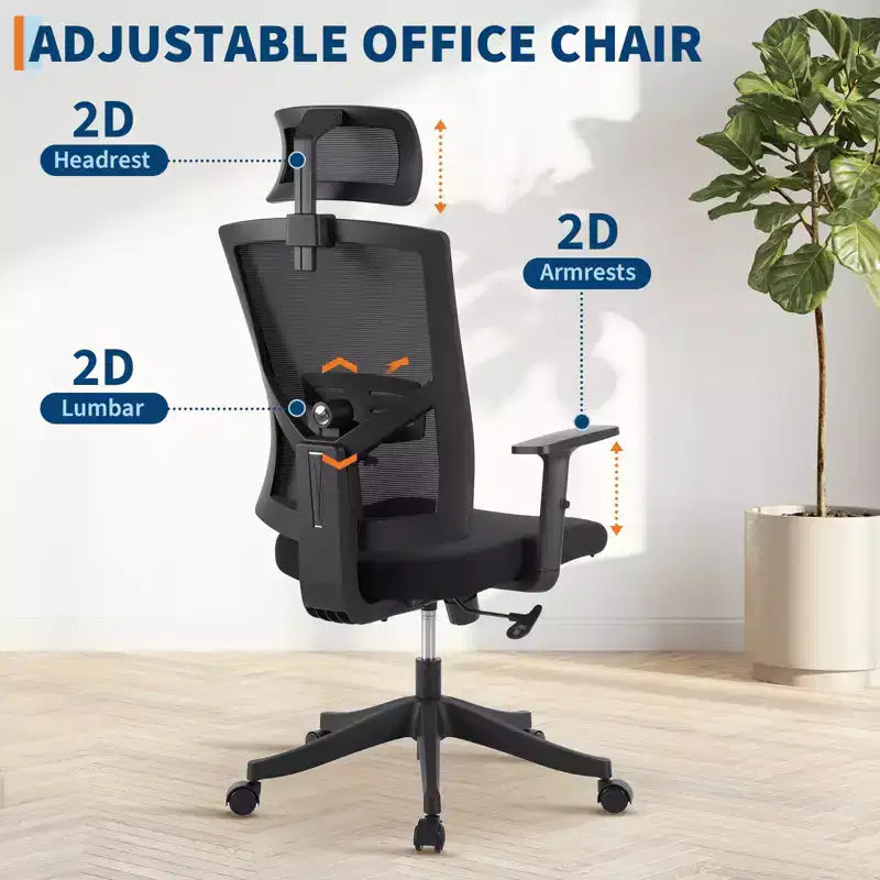 Sedia da ufficio ergonomica in rete nera con supporto per il collo, traspirante, regolabile, base con ruote
