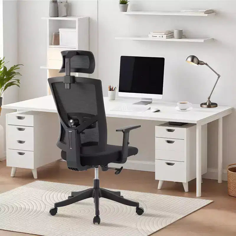 Sedia da ufficio ergonomica in rete nera con supporto per il collo, traspirante, regolabile, base con ruote