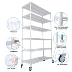 Scaffalatura in metallo a 6 ripiani, certificata NSF, capacità 2720 kg, regolabile, con ruote e copriripiani, colore bianco, altezza 213 cm