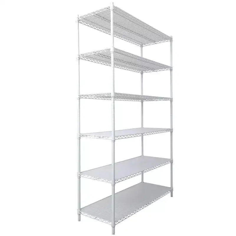 Scaffalatura in metallo a 6 ripiani, certificata NSF, capacità 2720 kg, regolabile, con ruote e copriripiani, colore bianco, altezza 213 cm