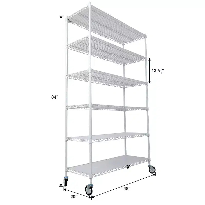 Scaffalatura in metallo a 6 ripiani, certificata NSF, capacità 2720 kg, regolabile, con ruote e copriripiani, colore bianco, altezza 213 cm
