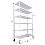Scaffalatura in metallo a 6 ripiani, certificata NSF, capacità 2720 kg, regolabile, con ruote e copriripiani, colore bianco, altezza 213 cm