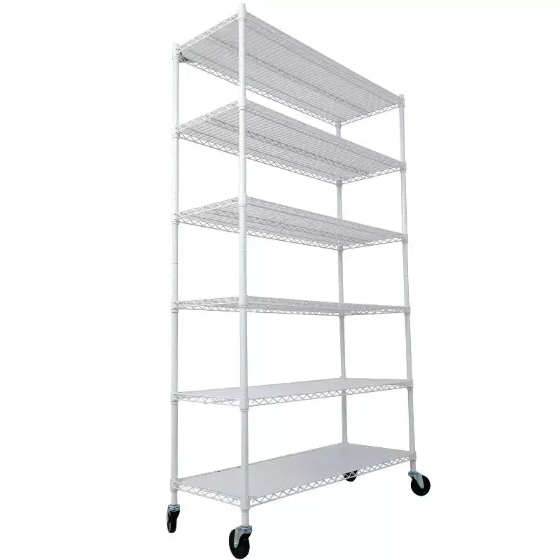 Scaffalatura in metallo a 6 ripiani, certificata NSF, capacità 2720 kg, regolabile, con ruote e copriripiani, colore bianco, altezza 213 cm