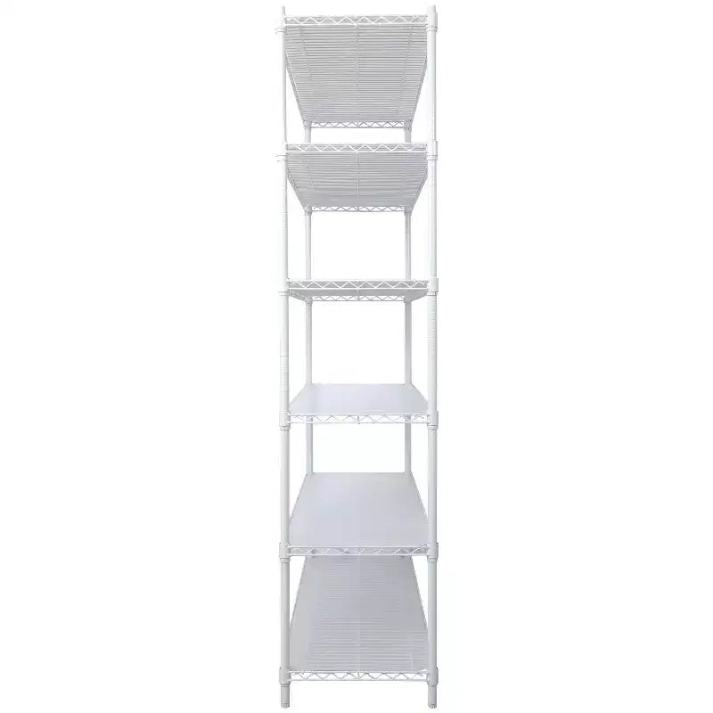 Scaffalatura in metallo a 6 ripiani, certificata NSF, capacità 2720 kg, regolabile, con ruote e copriripiani, colore bianco, altezza 213 cm