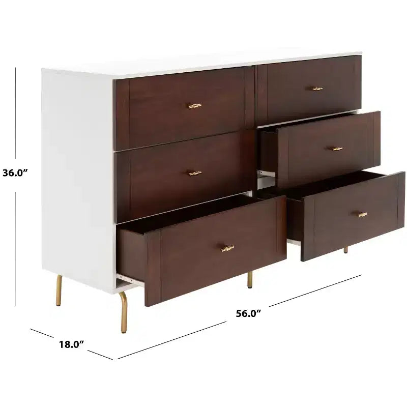 Cassettiera a 6 cassetti, noce e bianco, mogano laccato, maniglie dorate, 142 cm L