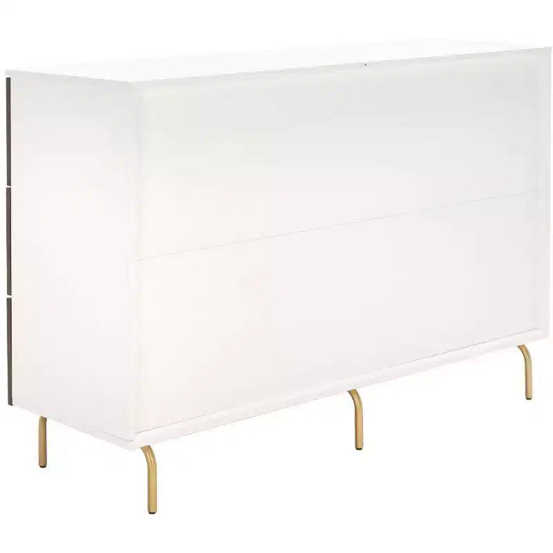Cassettiera a 6 cassetti, noce e bianco, mogano laccato, maniglie dorate, 142 cm L