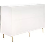 Cassettiera a 6 cassetti, noce e bianco, mogano laccato, maniglie dorate, 142 cm L