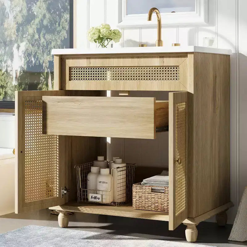 Tavolino rotondo con contenitore da 81 cm con ante scorrevoli, noce, acacia e MDF