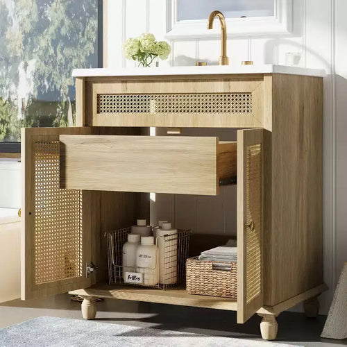 Tavolino rotondo con contenitore da 81 cm con ante scorrevoli, noce, acacia e MDF