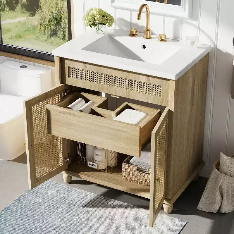Tavolino rotondo con contenitore da 81 cm con ante scorrevoli, noce, acacia e MDF