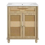 Tavolino rotondo con contenitore da 81 cm con ante scorrevoli, noce, acacia e MDF