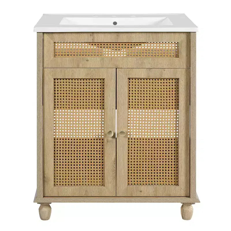 Tavolino rotondo con contenitore da 81 cm con ante scorrevoli, noce, acacia e MDF
