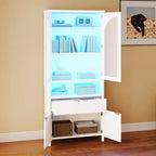 Libreria alta 183 cm con luci LED RGB, cassetto e ante in vetro, 6 ripiani, bianca