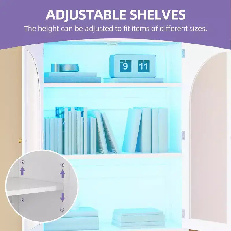 Libreria alta 183 cm con luci LED RGB, cassetto e ante in vetro, 6 ripiani, bianca
