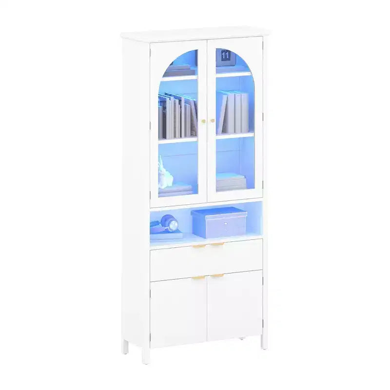 Libreria alta 183 cm con luci LED RGB, cassetto e ante in vetro, 6 ripiani, bianca