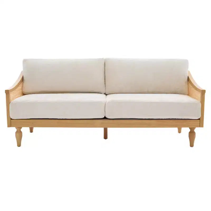 Divanetto 2 Posti Mid-Century - Ciniglia, Braccioli in Rattan, Gambe in Legno di Gomma
