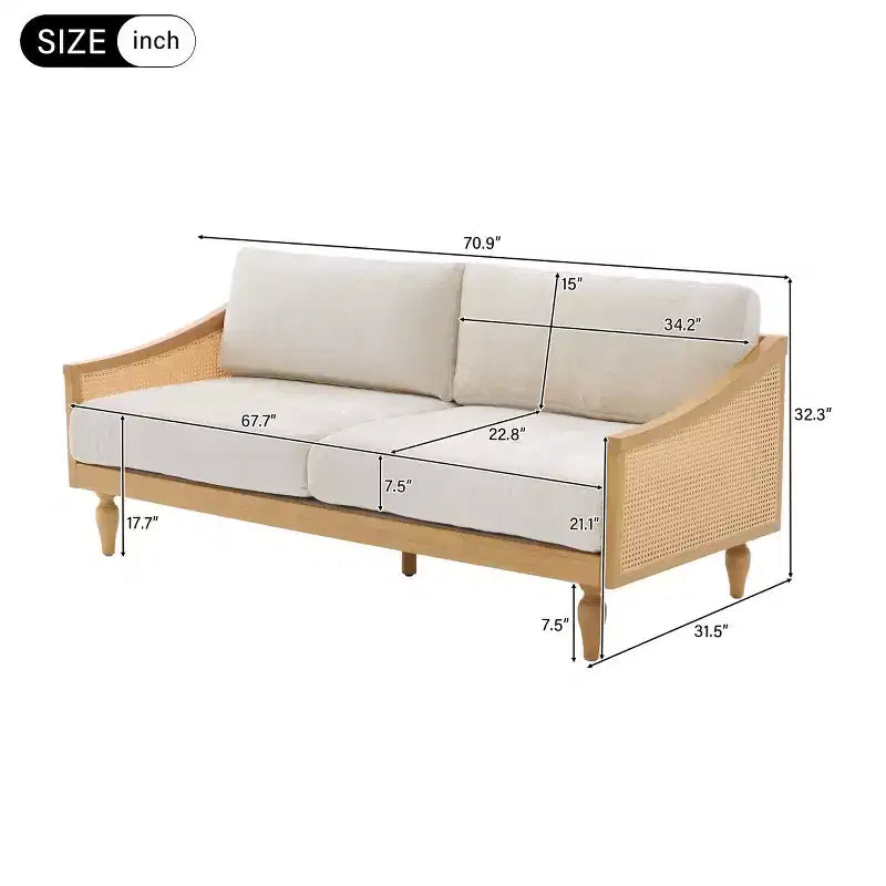 Divanetto 2 Posti Mid-Century - Ciniglia, Braccioli in Rattan, Gambe in Legno di Gomma