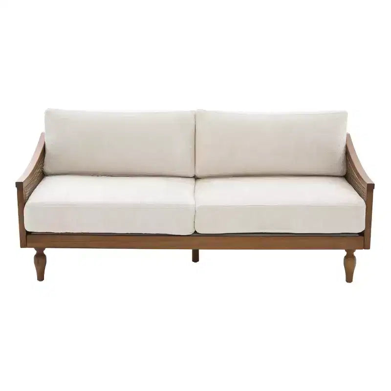 Divanetto 2 Posti Mid-Century - Ciniglia, Braccioli in Rattan, Gambe in Legno di Gomma