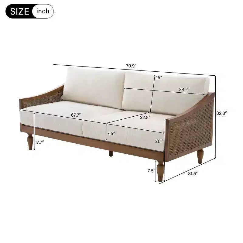 Divanetto 2 Posti Mid-Century - Ciniglia, Braccioli in Rattan, Gambe in Legno di Gomma