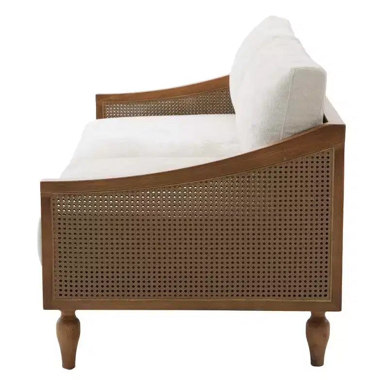 Divanetto 2 Posti Mid-Century - Ciniglia, Braccioli in Rattan, Gambe in Legno di Gomma