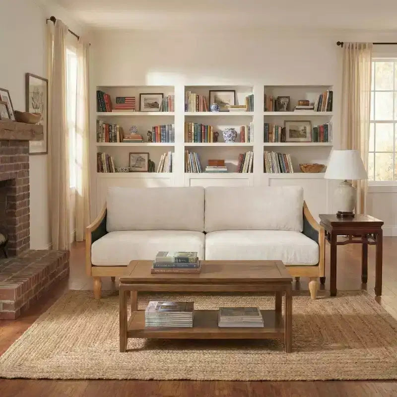 Divanetto 2 Posti Mid-Century - Ciniglia, Braccioli in Rattan, Gambe in Legno di Gomma