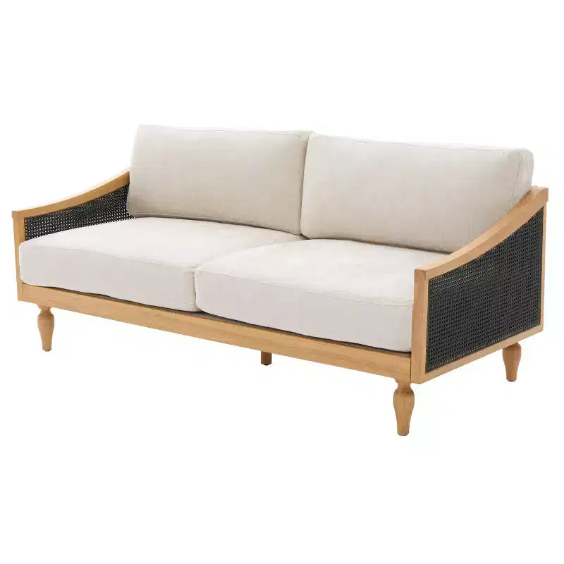Divanetto 2 Posti Mid-Century - Ciniglia, Braccioli in Rattan, Gambe in Legno di Gomma