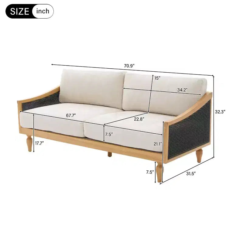 Divanetto 2 Posti Mid-Century - Ciniglia, Braccioli in Rattan, Gambe in Legno di Gomma