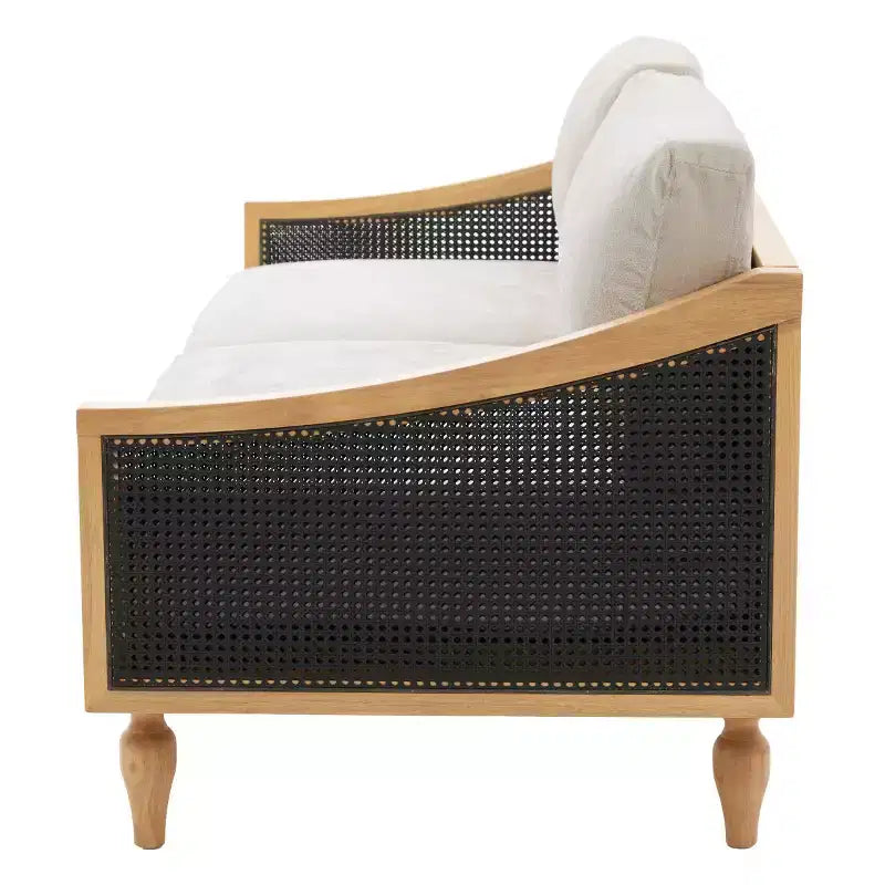 Divanetto 2 Posti Mid-Century - Ciniglia, Braccioli in Rattan, Gambe in Legno di Gomma