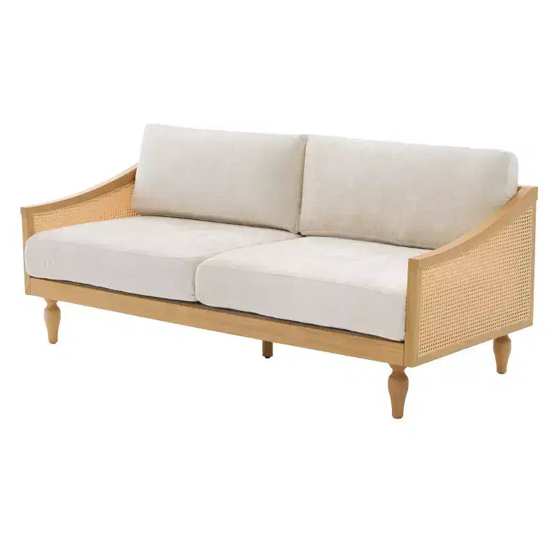 Divanetto 2 Posti Mid-Century - Ciniglia, Braccioli in Rattan, Gambe in Legno di Gomma