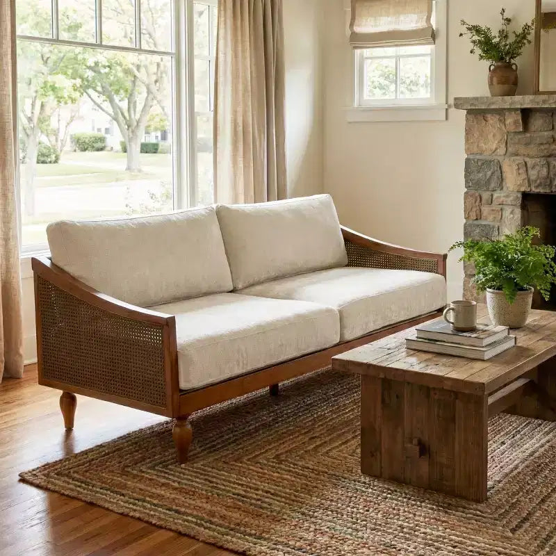 Divanetto 2 Posti Mid-Century - Ciniglia, Braccioli in Rattan, Gambe in Legno di Gomma
