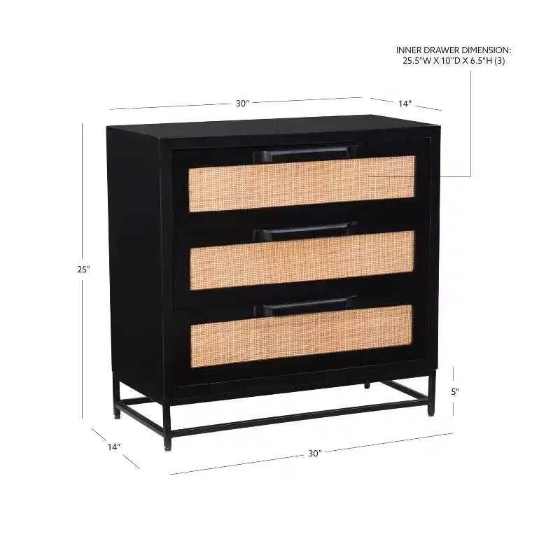 Powell Gordon Mobile a 3 cassetti in legno massiccio e canna naturale con gambe in metallo nero, colore nero: stile rustico moderno, superficie in mango