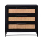 Powell Gordon Mobile a 3 cassetti in legno massiccio e canna naturale con gambe in metallo nero, colore nero: stile rustico moderno, superficie in mango