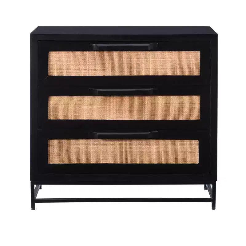Powell Gordon Mobile a 3 cassetti in legno massiccio e canna naturale con gambe in metallo nero, colore nero: stile rustico moderno, superficie in mango