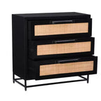 Powell Gordon Mobile a 3 cassetti in legno massiccio e canna naturale con gambe in metallo nero, colore nero: stile rustico moderno, superficie in mango