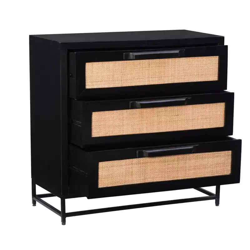 Powell Gordon Mobile a 3 cassetti in legno massiccio e canna naturale con gambe in metallo nero, colore nero: stile rustico moderno, superficie in mango