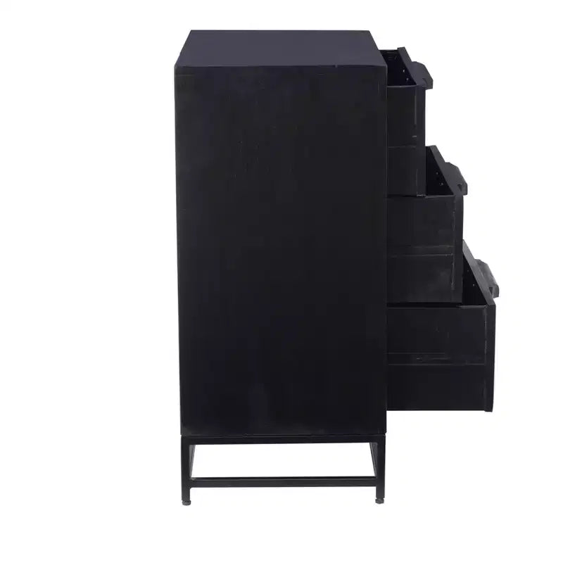 Powell Gordon Mobile a 3 cassetti in legno massiccio e canna naturale con gambe in metallo nero, colore nero: stile rustico moderno, superficie in mango