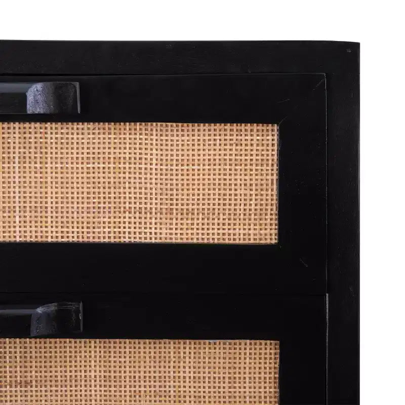 Powell Gordon Mobile a 3 cassetti in legno massiccio e canna naturale con gambe in metallo nero, colore nero: stile rustico moderno, superficie in mango