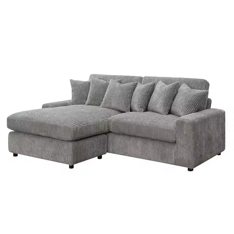 Divano angolare reversibile da 84", velluto a coste grigio, 6 cuscini, struttura in legno e compensato, 4 posti