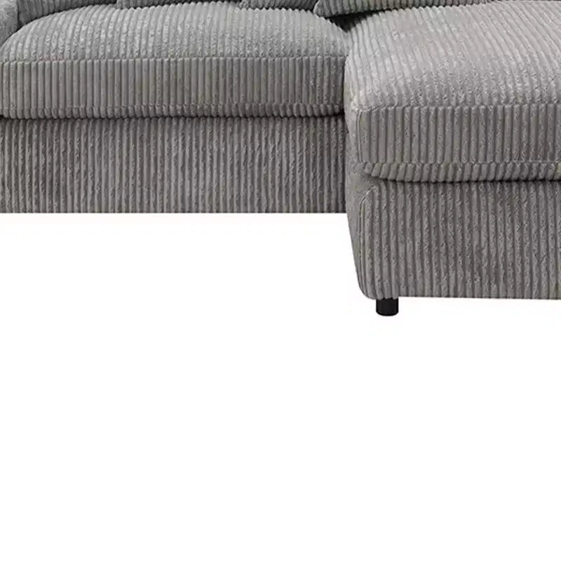 Divano angolare reversibile da 84", velluto a coste grigio, 6 cuscini, struttura in legno e compensato, 4 posti